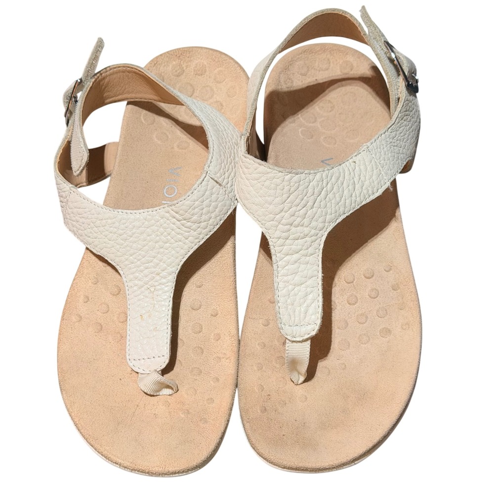 Vionic Terra Sandals Womens 8 Cream Leather T-Strap Orthopedic Arch Support Boho